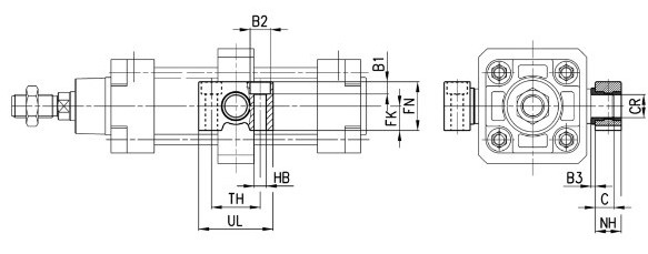 Габаритные размеры центральной подвески модели F для пневмоцилиндров серии 40, 41, 47, 60, 61, 62
