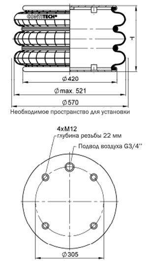Габаритные размеры баллонного привода FT 1330-35CI G 3/4