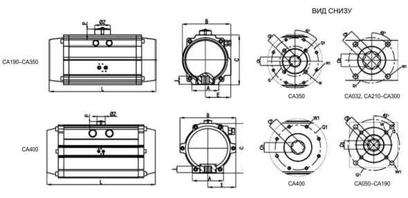 Габаритные размеры пневматических поворотных приводов серии CA 