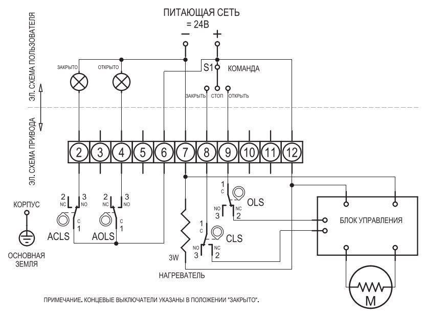 Электрическая схема подключения электропривода HKC модели HQ-006 напряжением питания 24V DC