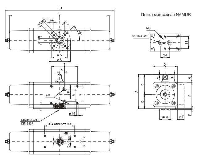 Габаритные размеры пневматических приводов одностороннего действия OMAL Серии SR (размеры SR15-SR180)