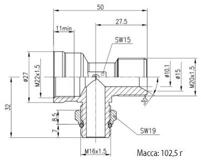 Габаритные размеры и кодировки для заказа тройника горизонтального модели D2062 M20x1.5-M16x1.5