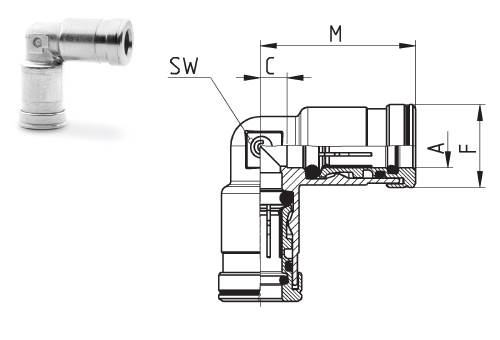 Габаритные размеры быстроразъемных фитингов уголков Camozzi с двойным уплотнением модели H8550